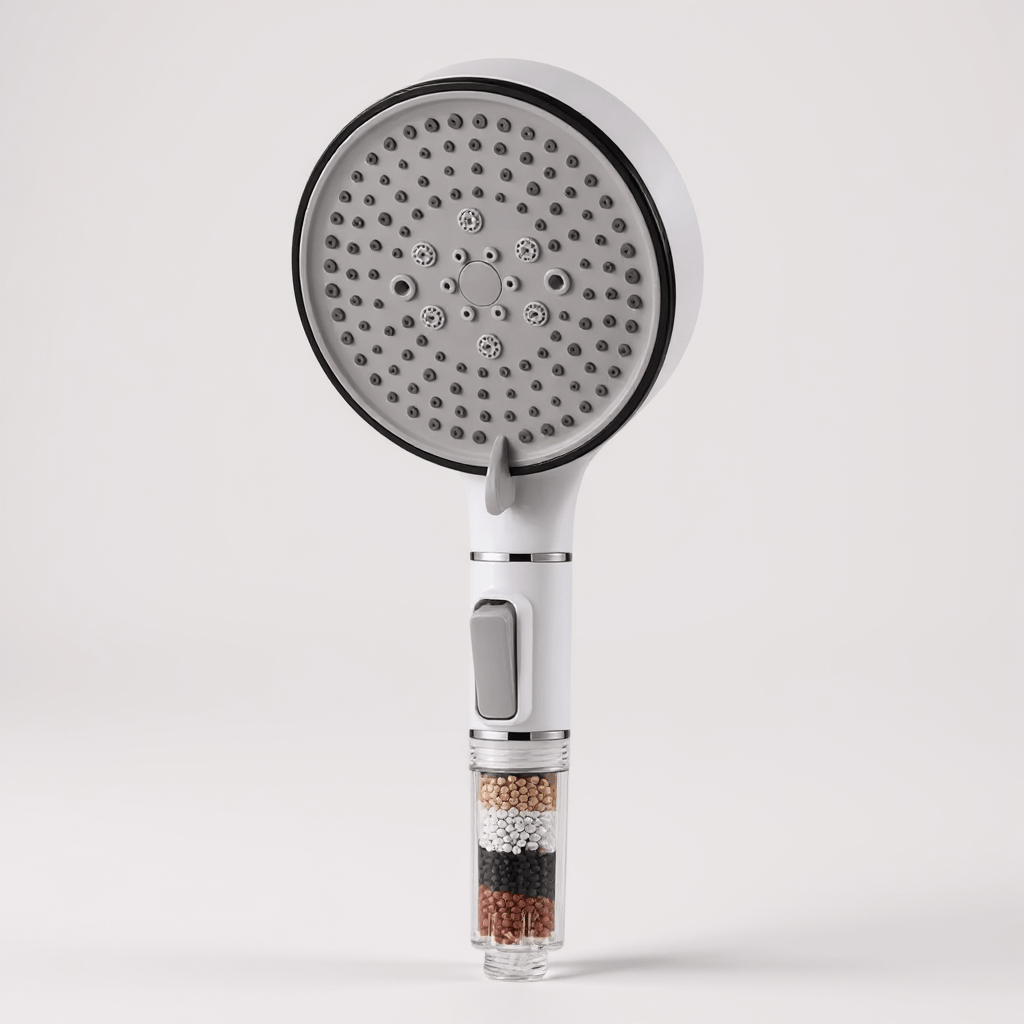 Pommeau de douche ergonomique avec bouton d'arrêt intégré