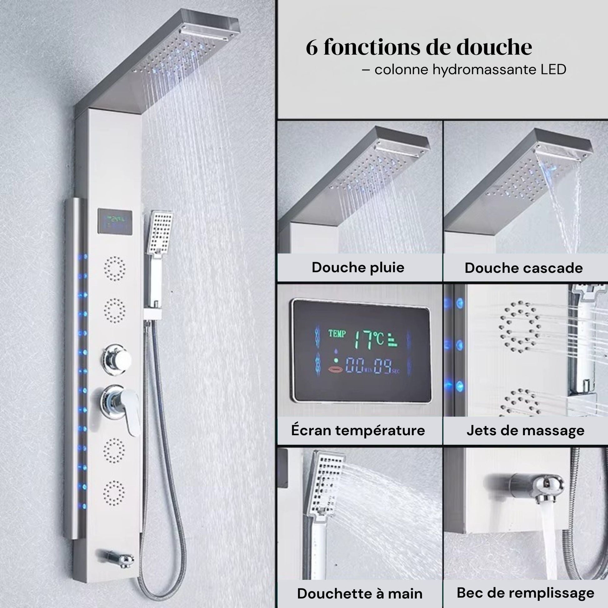 Colonne de douche noire avec buses chromées et écran LCD