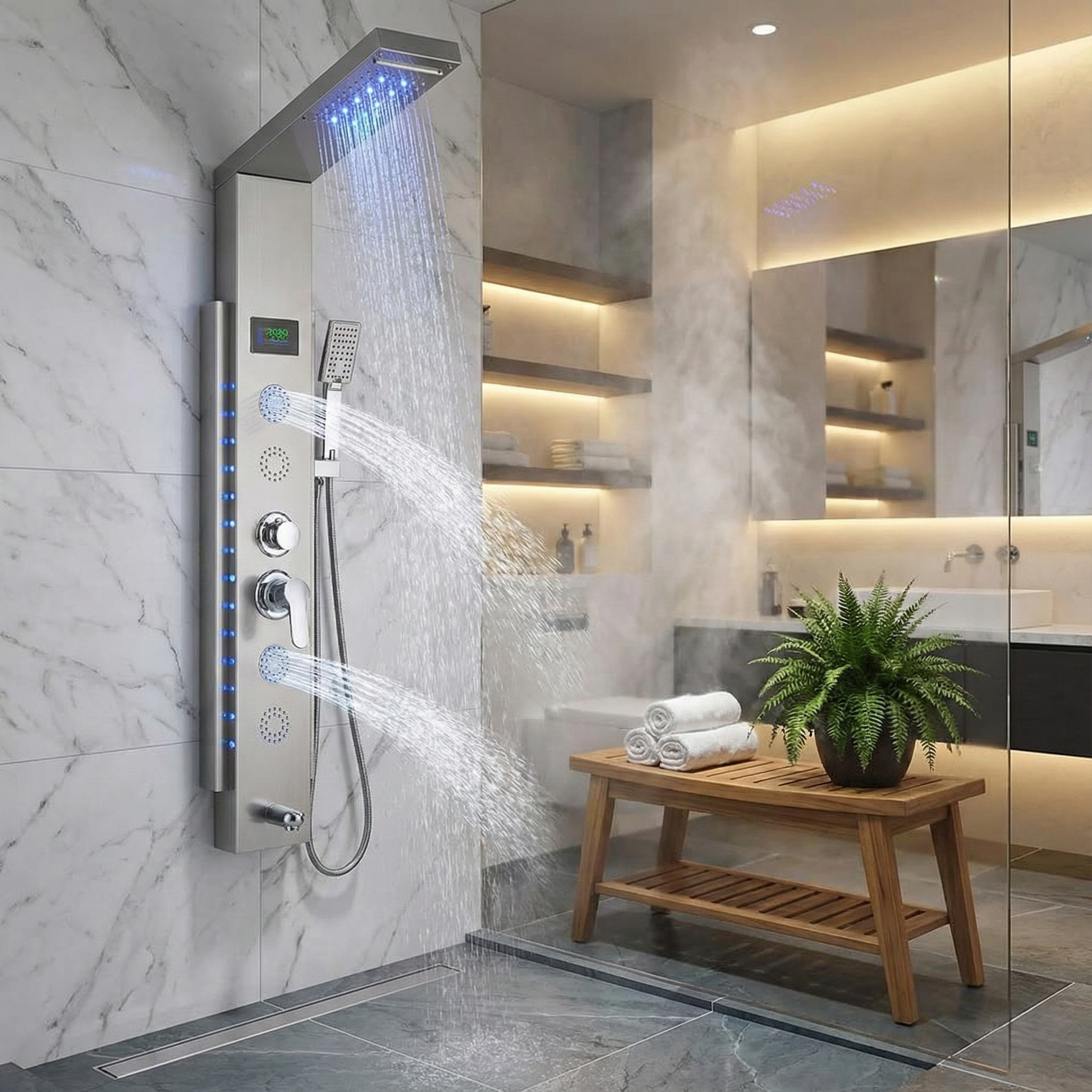 Étagère intégrée pour produits de soin, finition en acier inoxydable