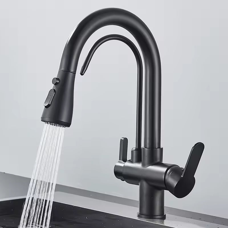 Robinet de cuisine noirci avec double bec et douchette extractible