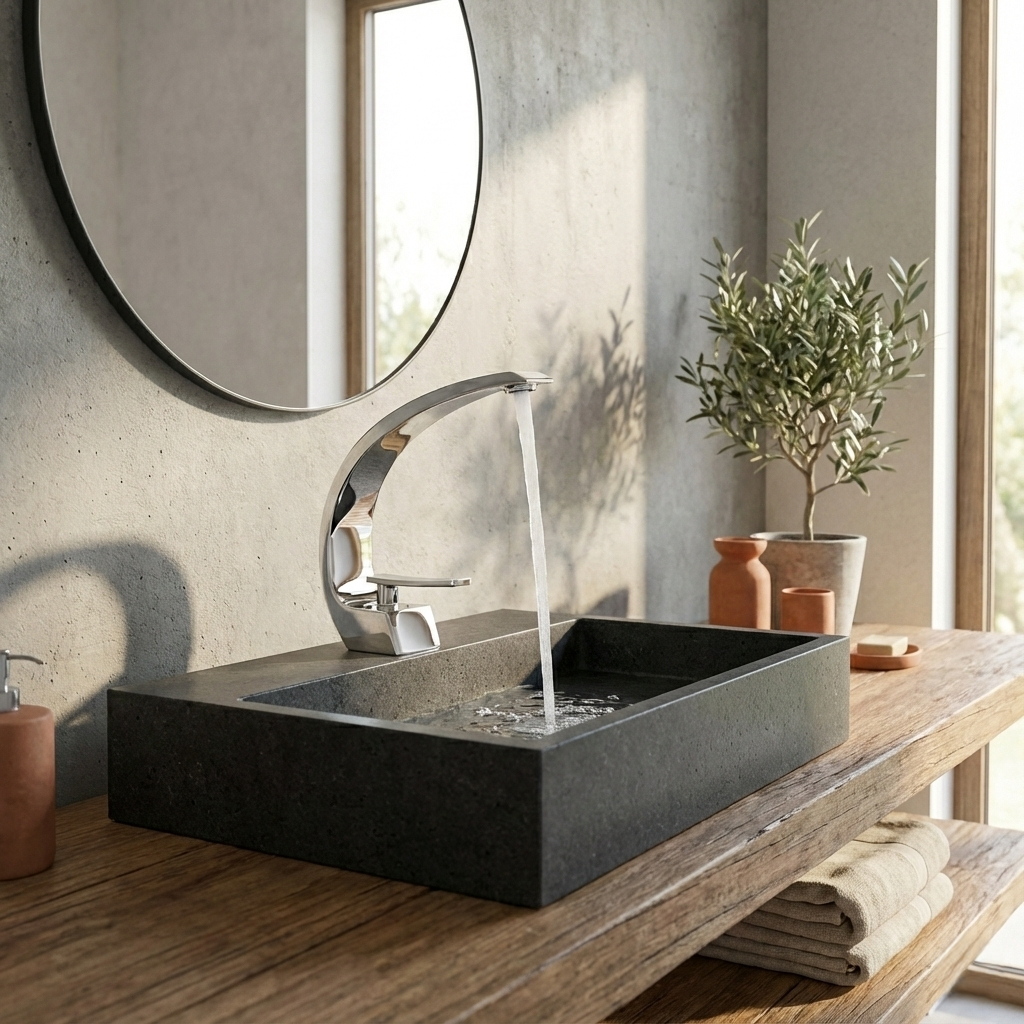 Robinet installé sur un lavabo, silhouette élégante