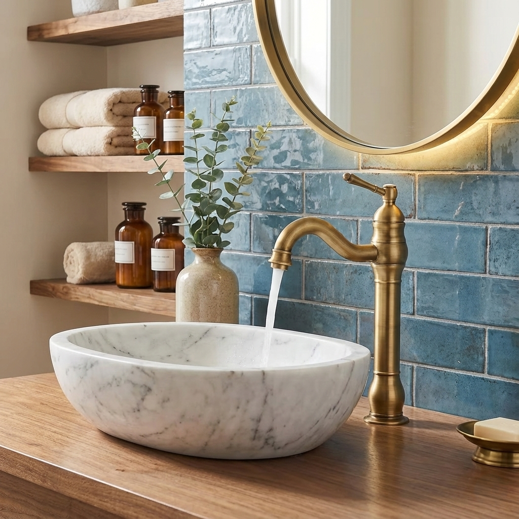 Robinet installé sur un lavabo, vue de face