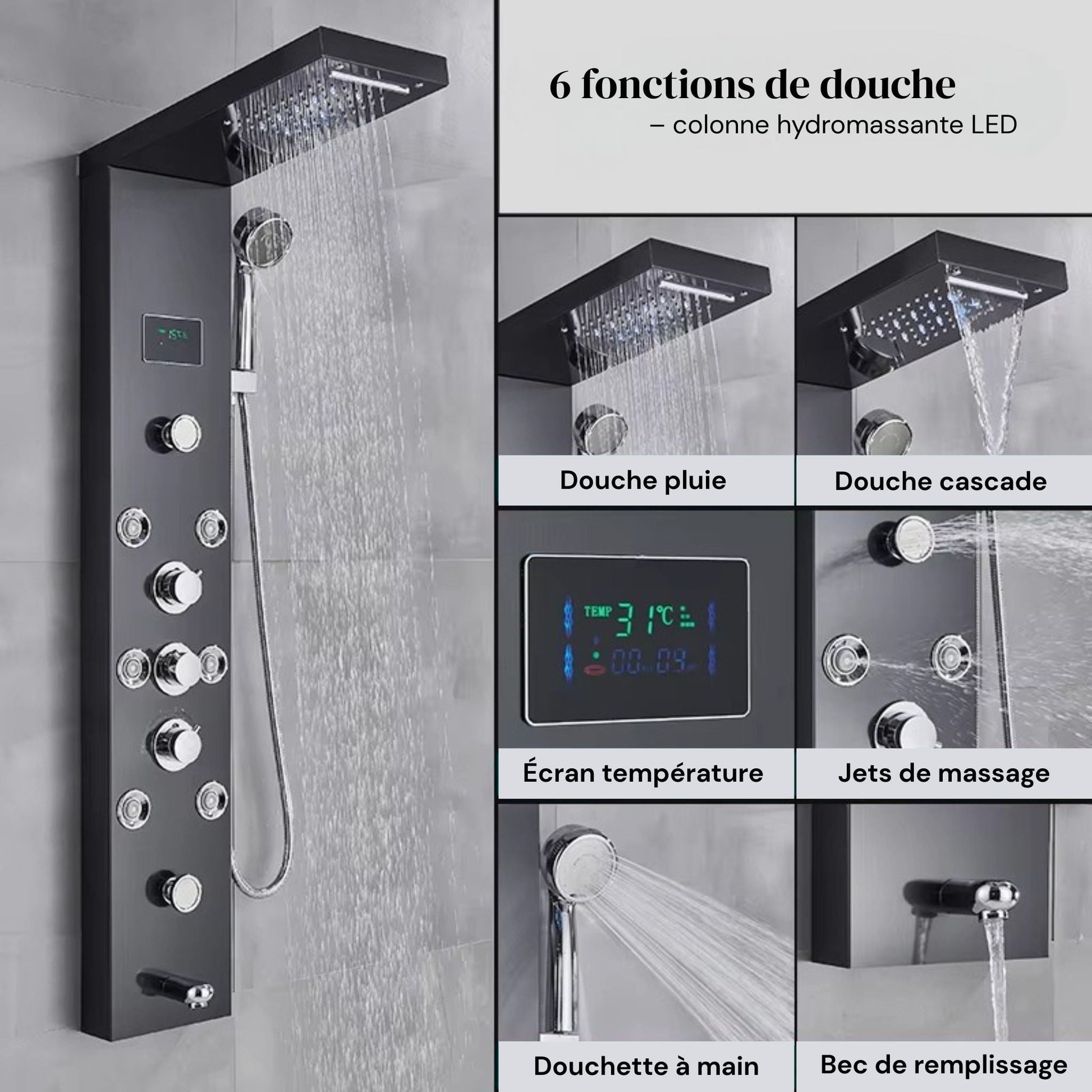 Colonne de douche noire avec affichage LCD central