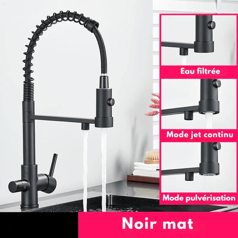 Gros plan sur la poignée du robinet noir mat