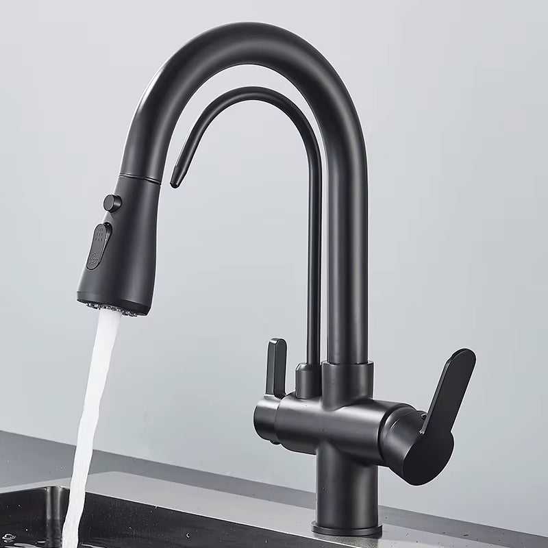 Vue latérale du robinet montrant les leviers pour eau chaude et froide