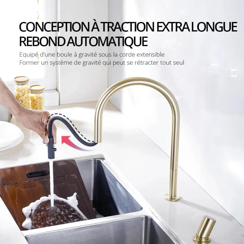 Robinet de cuisine en or brossé avec bec flexible