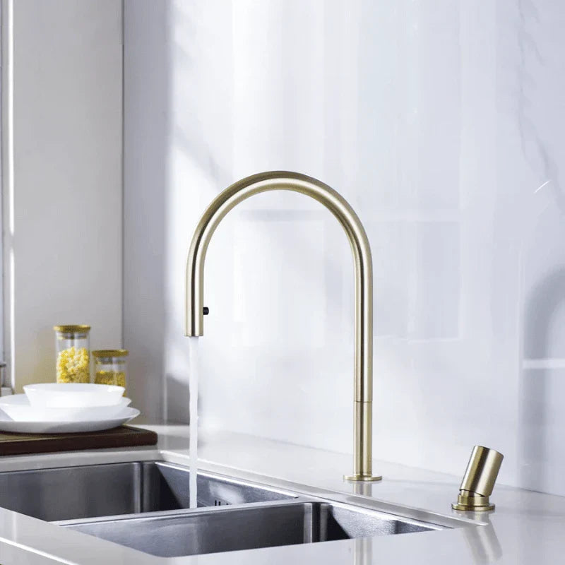 Vue d'ensemble du robinet doré avec design épuré