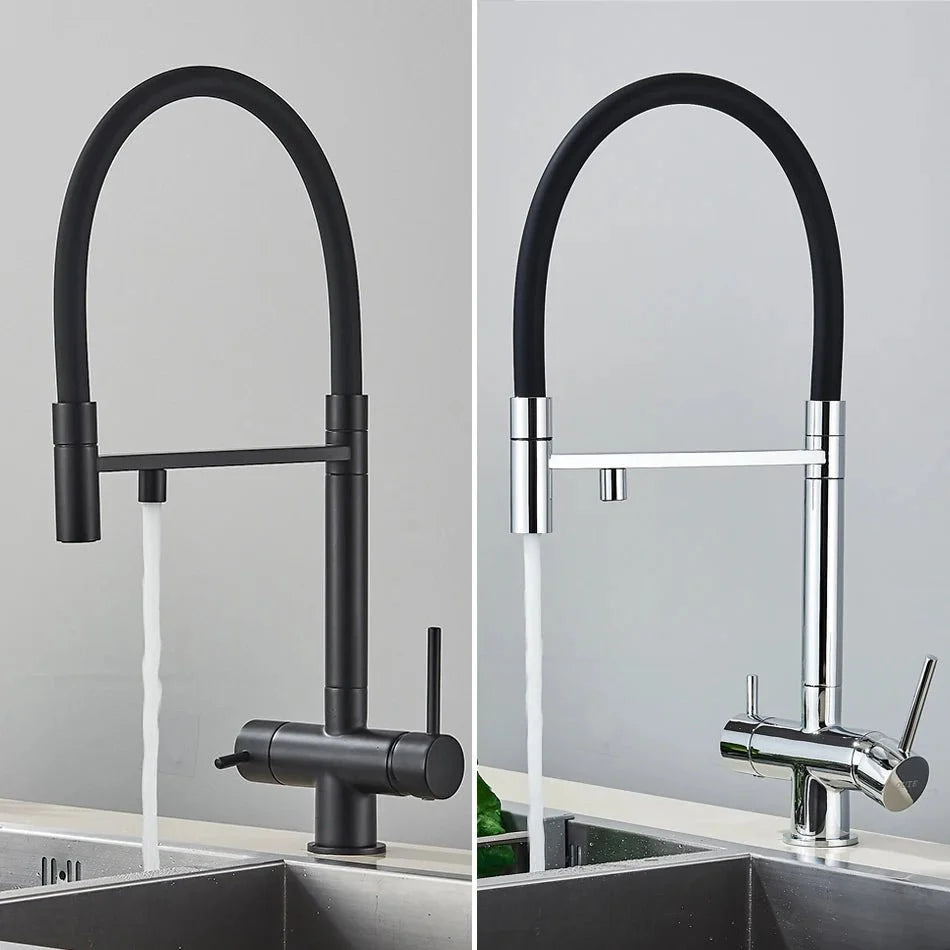 Vue rapprochée du mitigeur avec double sortie pour eau filtrée