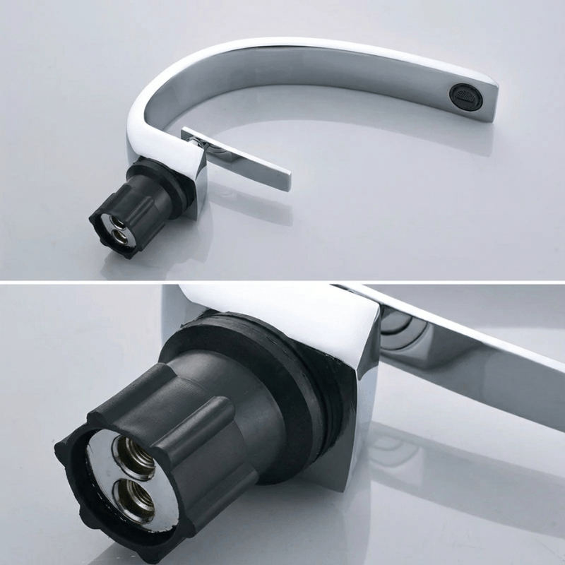 Détail de la finition dorée polie du robinet de salle de bain