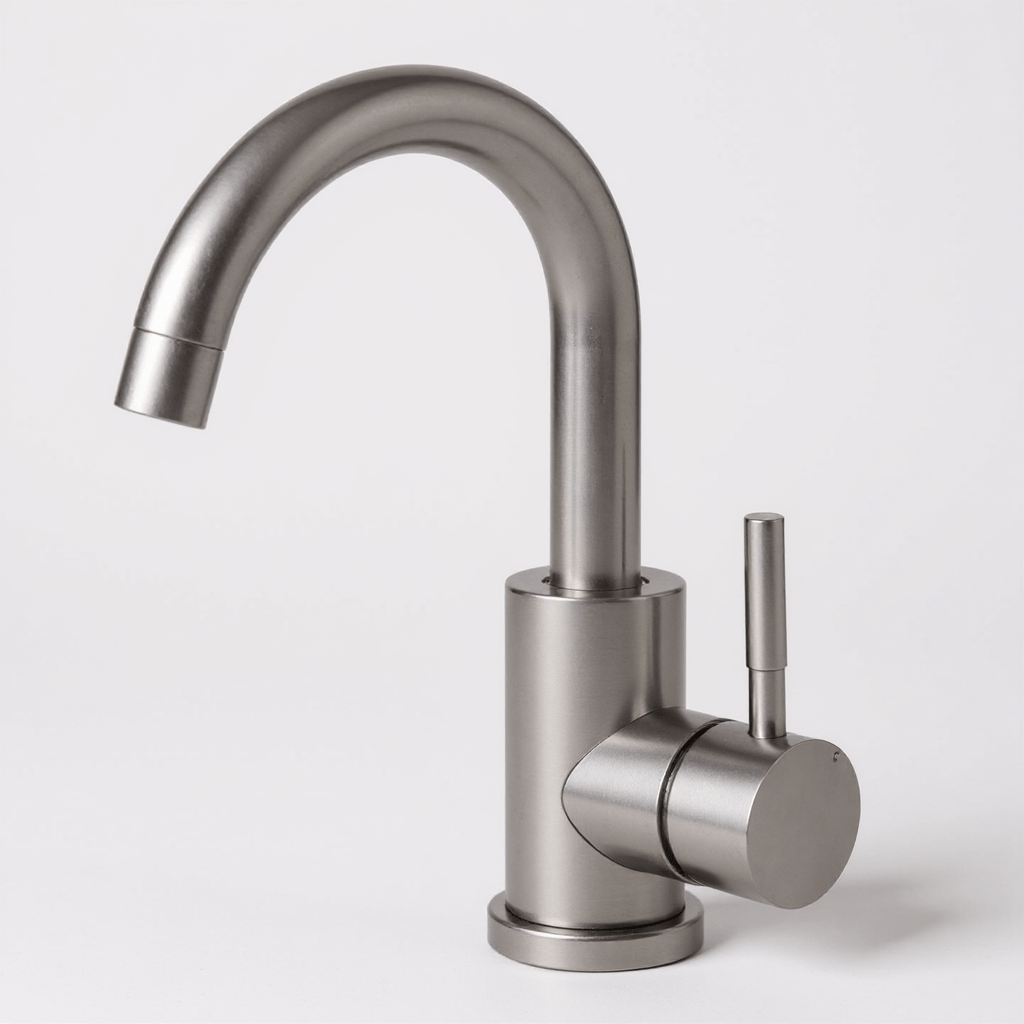Détail du bec arrondi du robinet de salle de bain