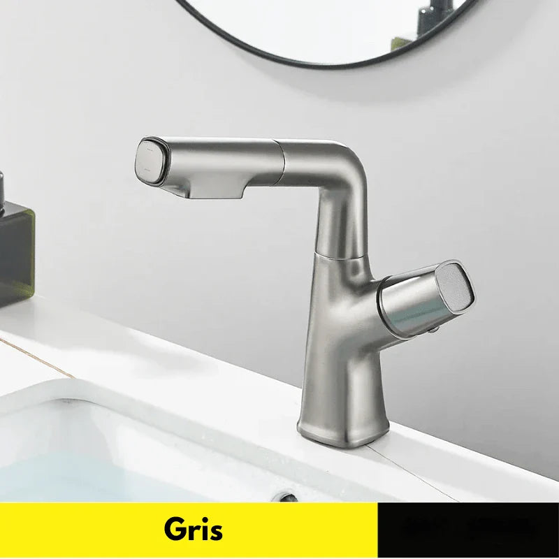 Robinet gris installé sur un lavabo moderne