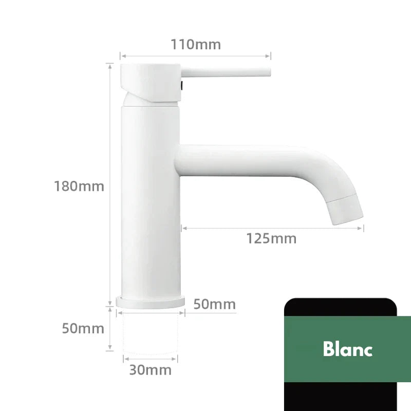 Vue de profil d'un robinet blanc en laiton, finition lisse