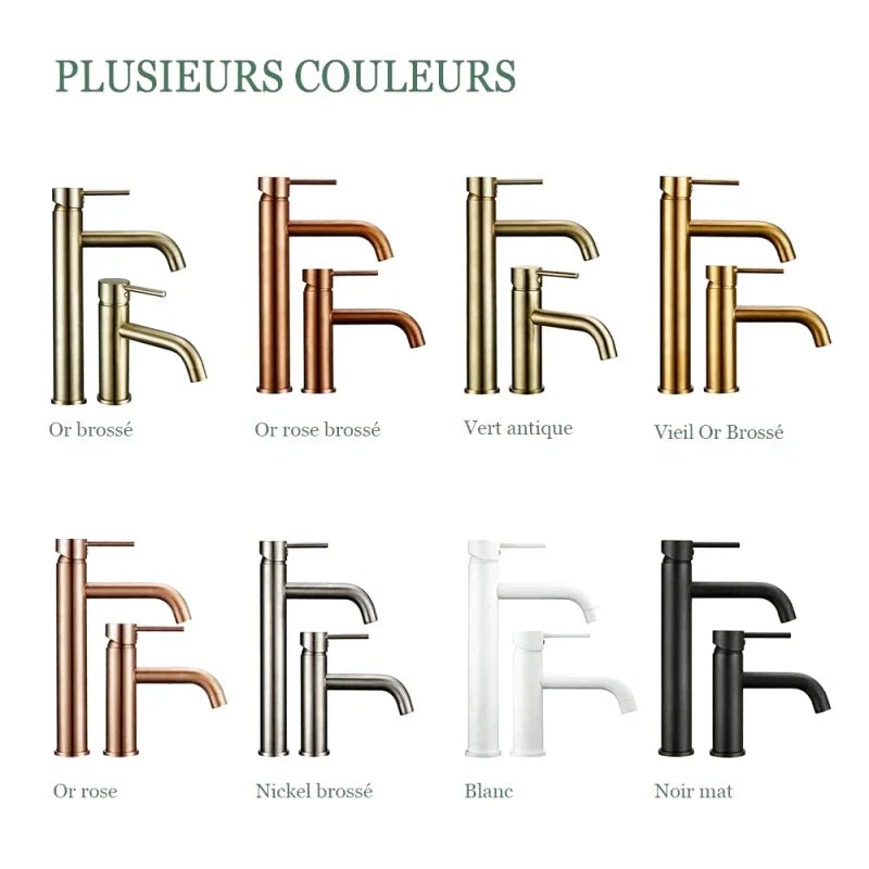 Robinet doré en laiton, installation sur un plan de salle de bain