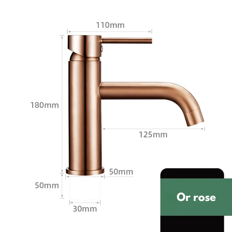 Vue latérale d'un robinet or rose en laiton, finition brillante