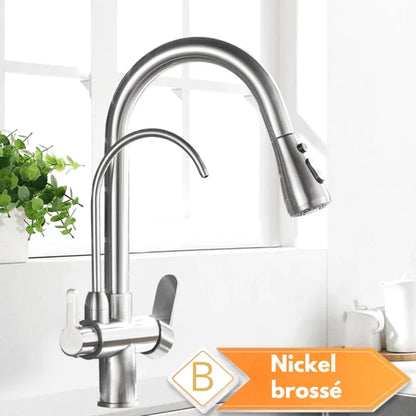 Mitigeur en nickel brossé avec bec rotatif et douchette