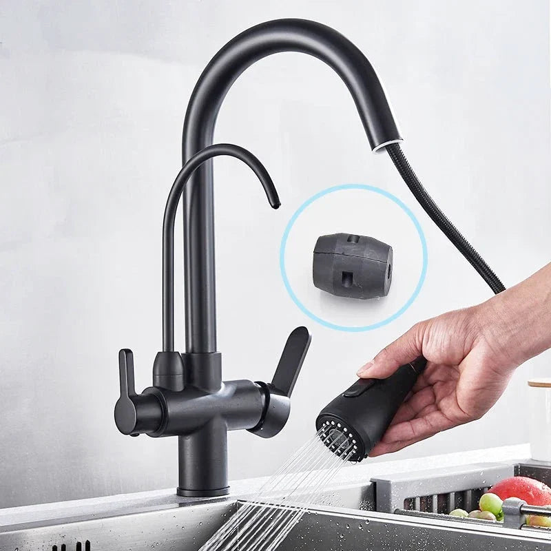 Vue latérale du mitigeur noir montrant la douchette extractible