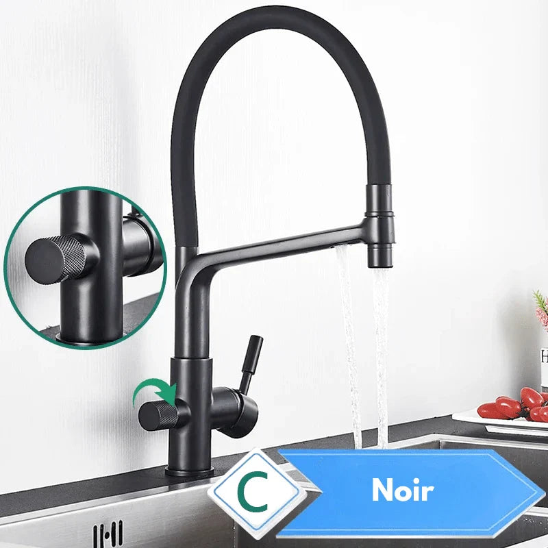Mitigeur noir avec douchette, installé dans une cuisine moderne