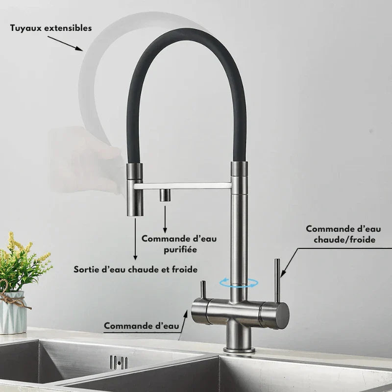 Robinet de cuisine gris mat avec bec pivotant à 360°