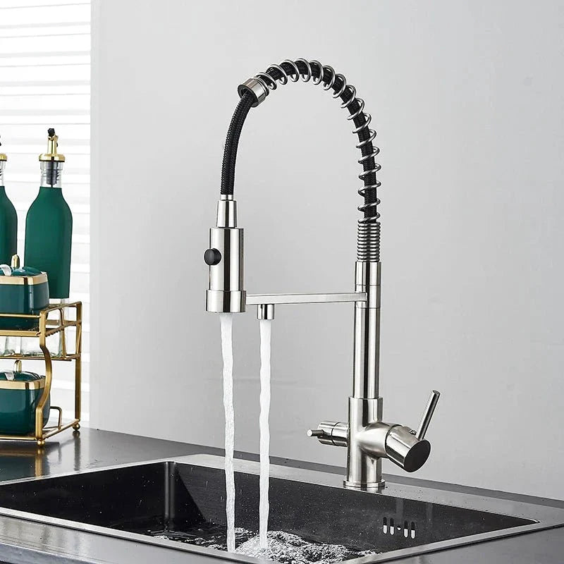 Robinet nickel brossé avec bec pivotant pour cuisine moderne