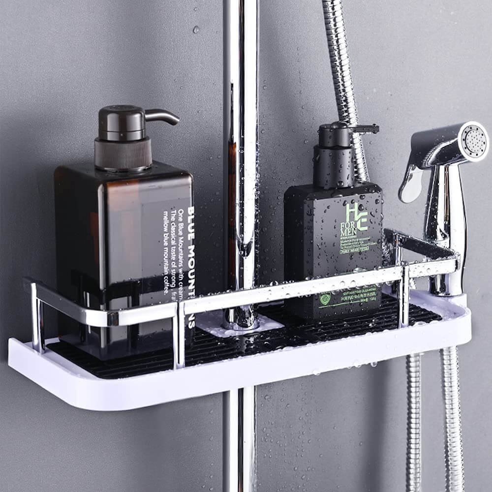 Organisateur de douche fixé sans perçage sur carrelage blanc