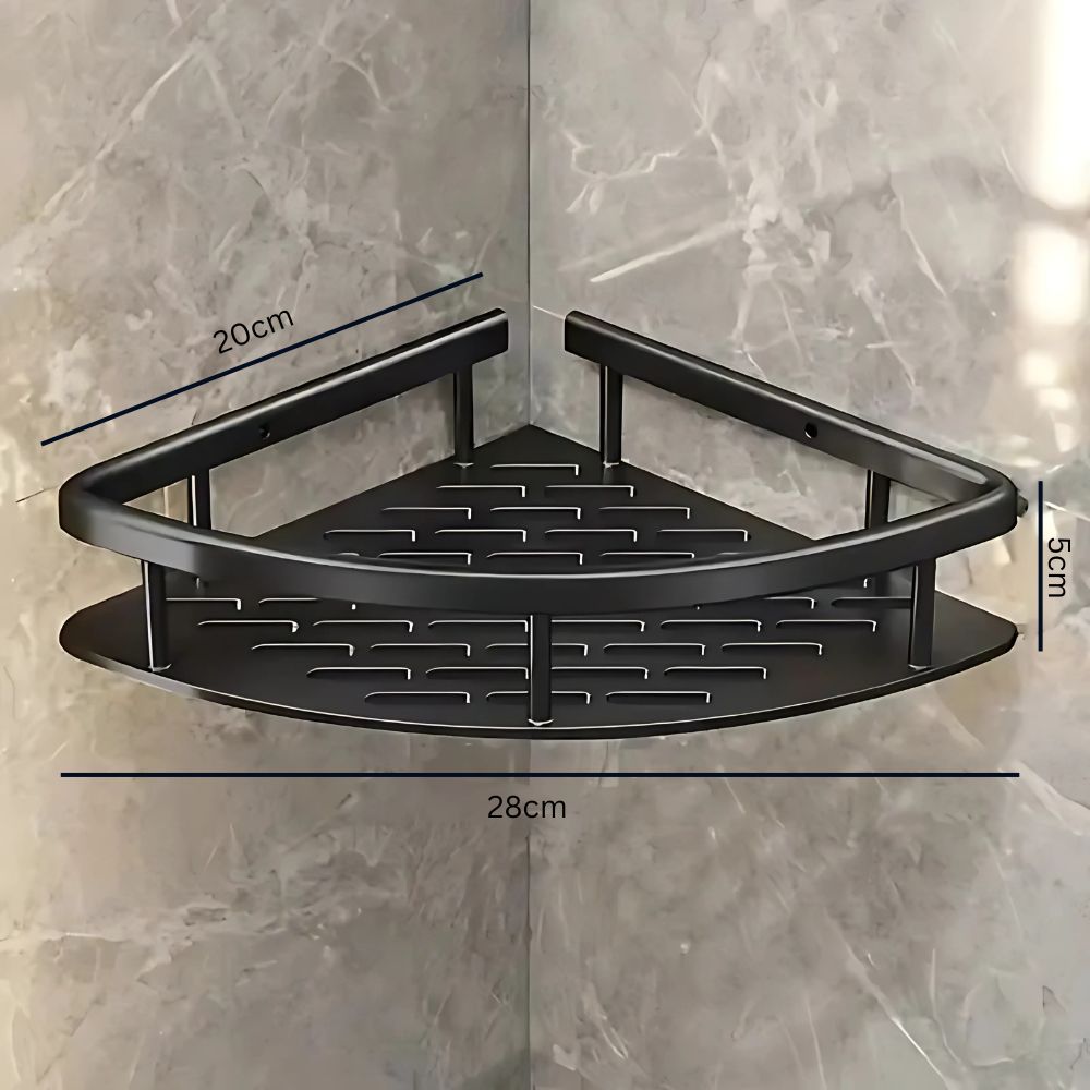 Étagère de douche en aluminium avec produits de bain