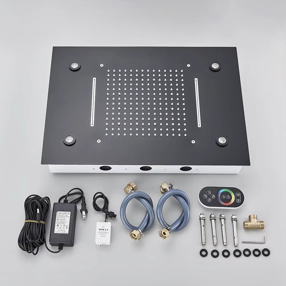 Éclairage LED RGB sur une tête de douche encastrée au plafond