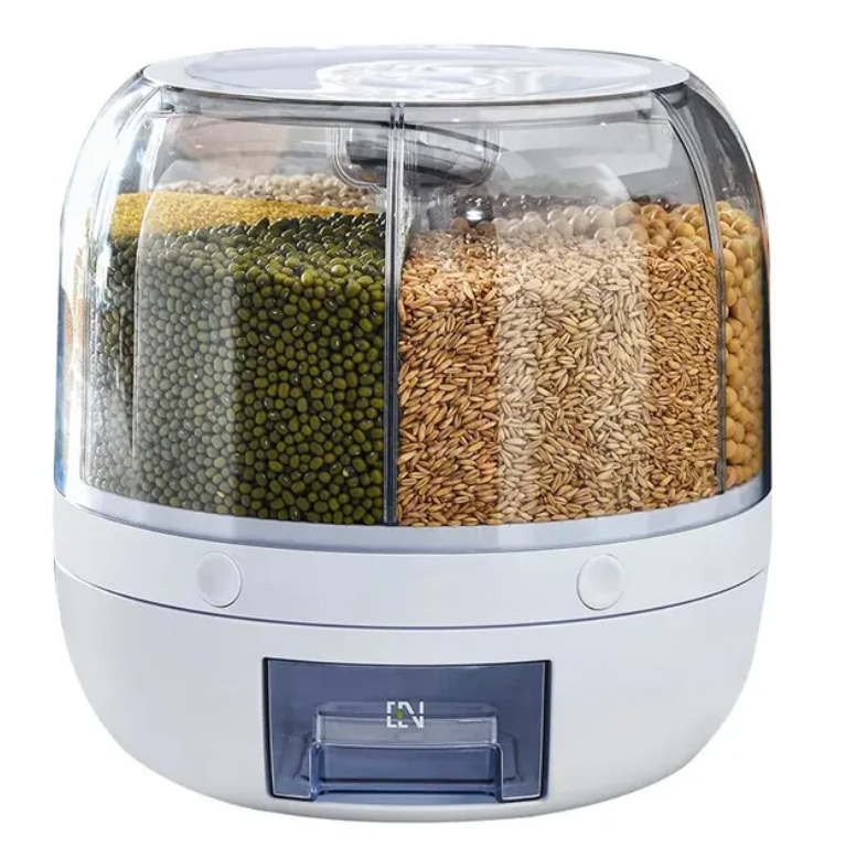 Distributeur blanc avec divers grains et haricots à l'intérieur